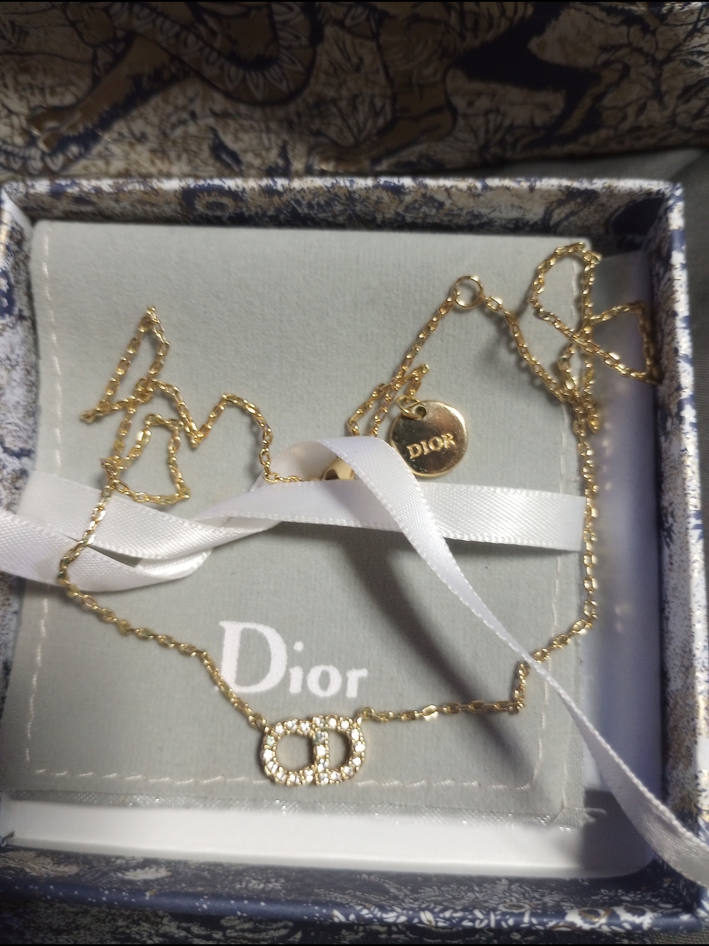 Dior Gold Crystal Interlocking Circle Necklace with Logo Tag